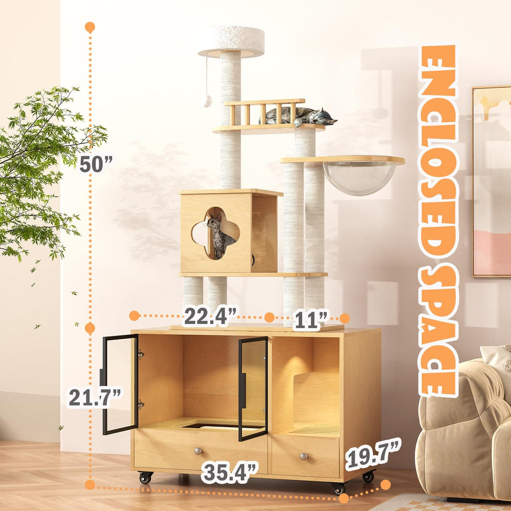 Garvee Cat Tree with Litter Box Enclosure, Litter Box Hidden Furniture, Cat Tower for Indoor Cats, Cat Condo with Scratching Post and Hammock