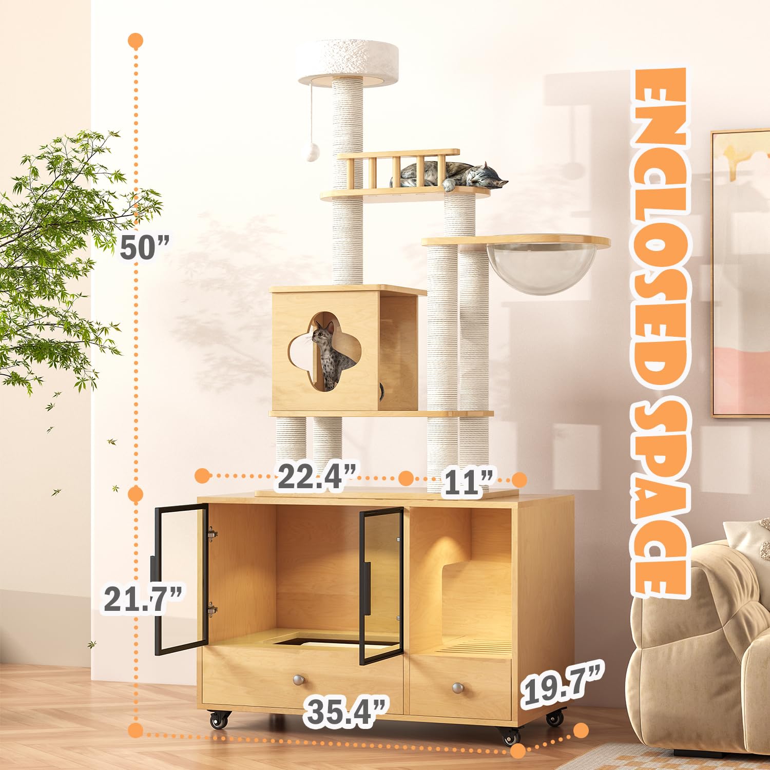 Garvee Cat Tree with Litter Box Enclosure, Litter Box Hidden Furniture, Cat Tower for Indoor Cats, Cat Condo with Scratching Post and Hammock