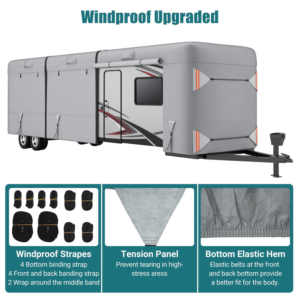 Garvee RV Cover, 27’-30’ Heavy Duty RV Travel Trailer Cover, Windproof Waterproof 4 Layers Non-Woven Fabrics Top Cover with Adhesive Repair Patches, Reflective Strips, Rich Accessories, Grey