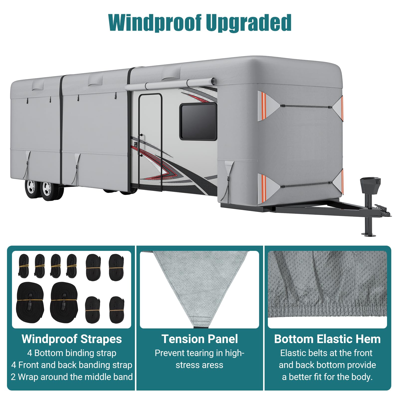 Garvee RV Cover, 27’-30’ Heavy Duty RV Travel Trailer Cover, Windproof Waterproof 4 Layers Non-Woven Fabrics Top Cover with Adhesive Repair Patches, Reflective Strips, Rich Accessories, Grey