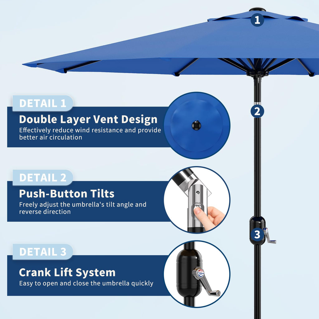 Garvee 9' Outdoor Patio Umbrella, Outdoor Table Umbrella, Market Umbrella with Push Button Tilt and Crank, 8 Sturdy Ribs UV Protection Waterproof for Garden, Deck, Backyard, Pool, Azure Blue