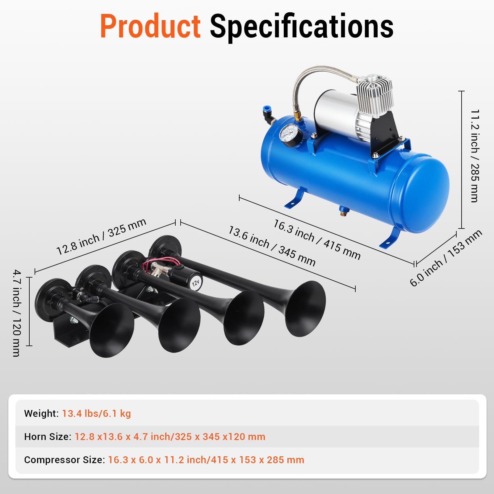 Garvee Train Horn Kit 4 Trumpets 150 DB, 150 PSI Compressor with 1.6 Gallon Tank, Durable Air Horn for Trucks, SUVs, Motorcycles, and Boats