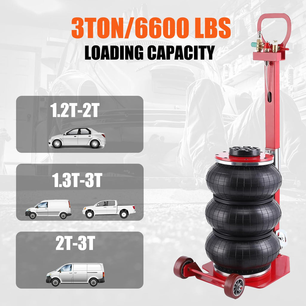 Garvee Portable Pneumatic Jack 3T/6600lbs Triple Bag Air Jack Fast Lifting Pneumatic Car Repair with Long Hand, Lifting Height Up to 15.75 Inch（Red）