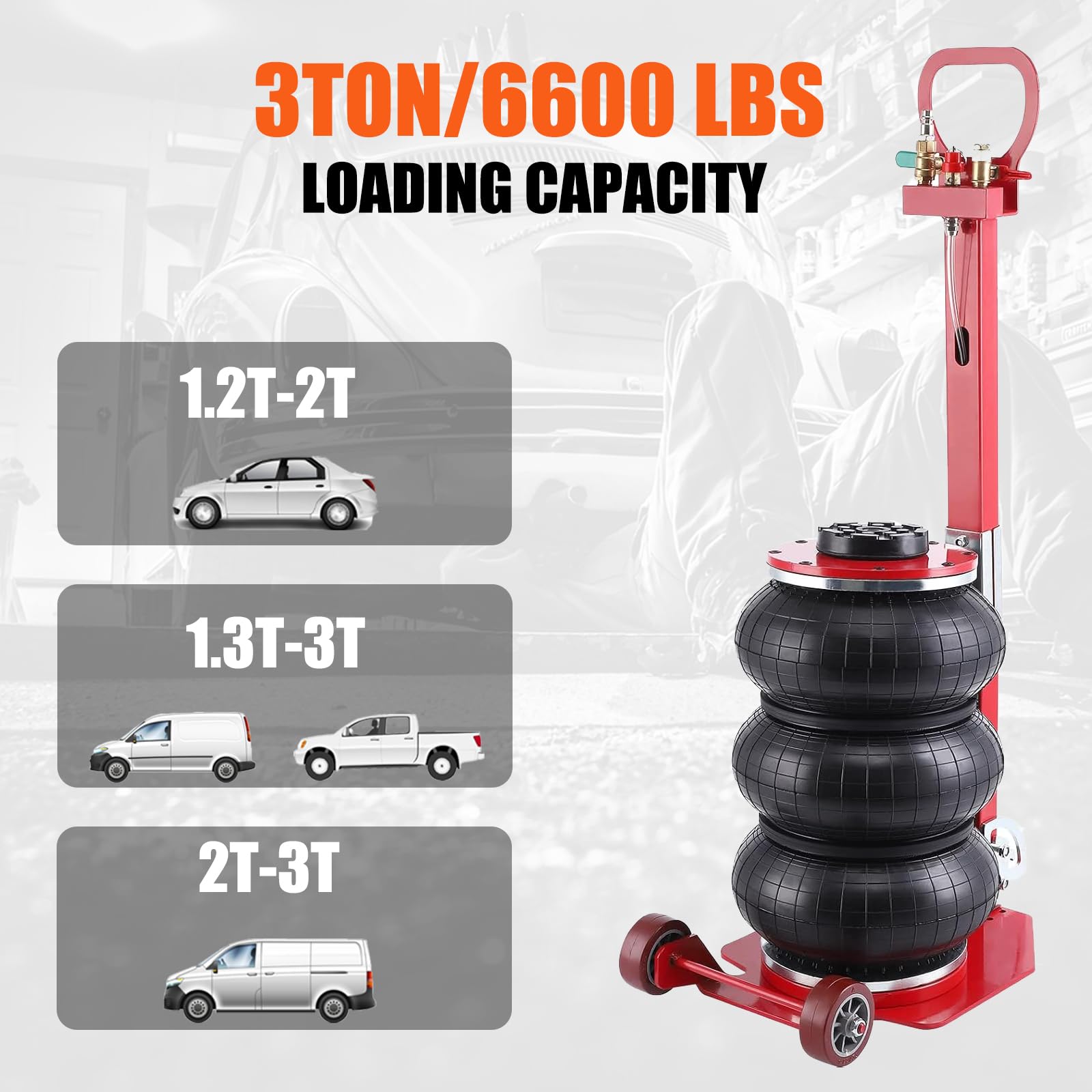 Garvee Portable Pneumatic Jack 3T/6600lbs Triple Bag Air Jack Fast Lifting Pneumatic Car Repair with Long Hand, Lifting Height Up to 15.75 Inch（Red）