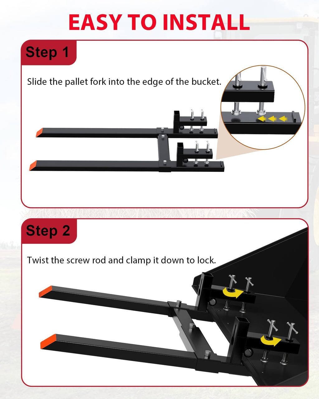 Garvee 65” 6000lbs Clamp on Pallet Forks, Heavy Duty Clamp on Pallet Forks with Adjustable Stabilizer Bar, Quick Attach Tractor Forks for Tractor Bucket, Skid steer, Loader Bucket
