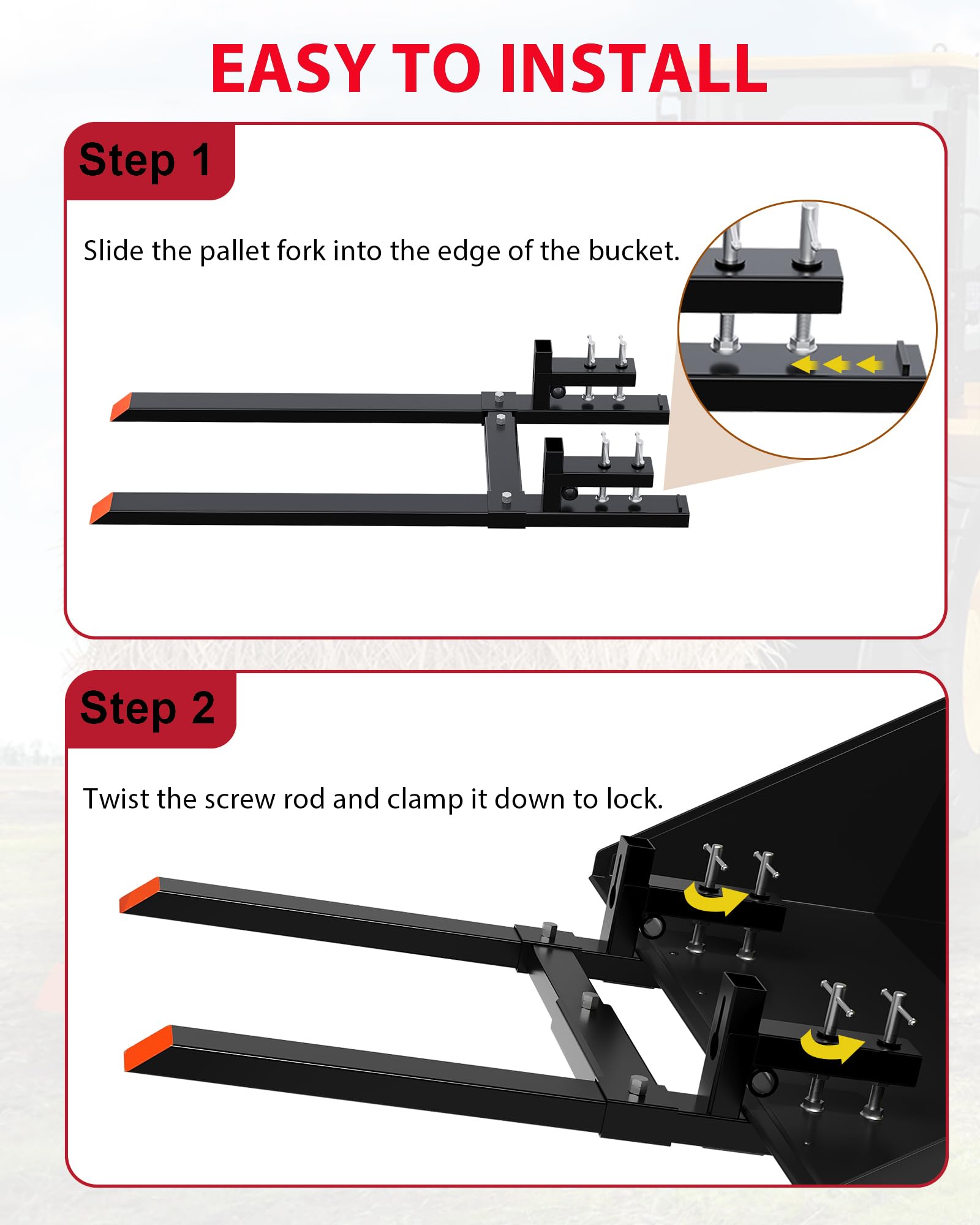 Garvee 65” 6000lbs Clamp on Pallet Forks, Heavy Duty Clamp on Pallet Forks with Adjustable Stabilizer Bar, Quick Attach Tractor Forks for Tractor Bucket, Skid steer, Loader Bucket