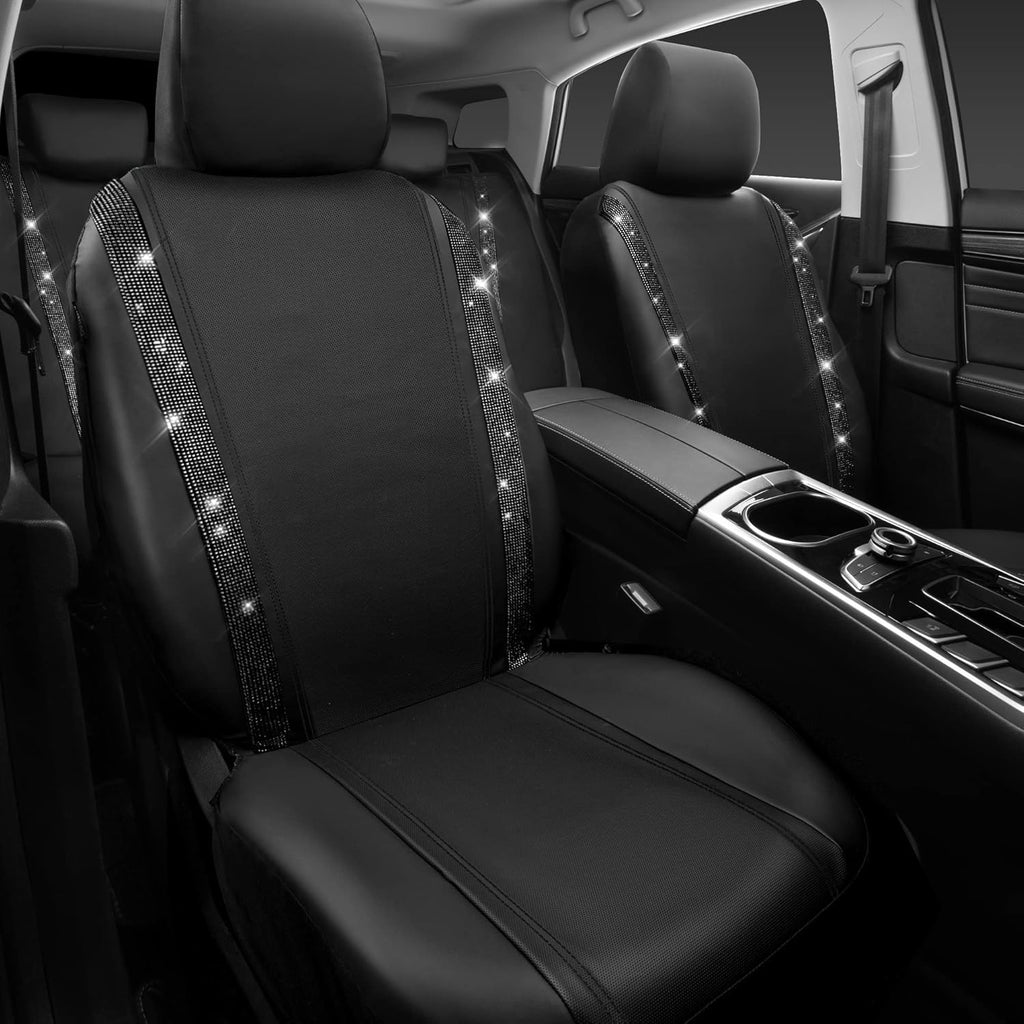 Garvee 9-Piece PU Leather Patchwork Car Seat Covers with Rhinestones - Universal Fit for VW Caddy, Ford Focus, Audi A3, Mini Cooper - Black & White