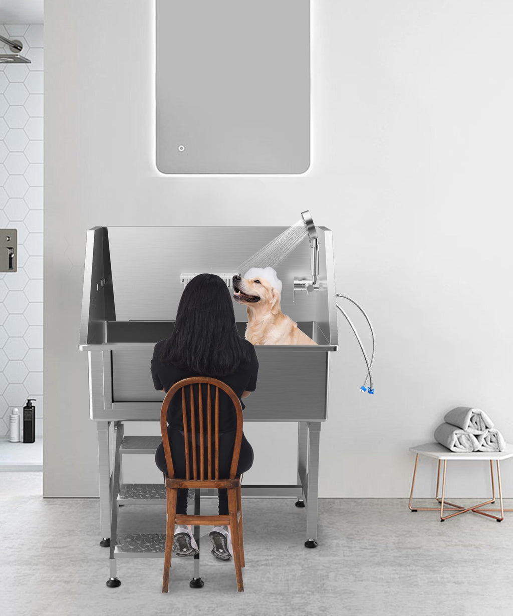 Garvee 34" Dog Grooming Bathtub, Professional Stainless Steel Pet Dog Bathing Station for Small Pets, Left Door & Stairs with Faucet, Sprayer, Drain