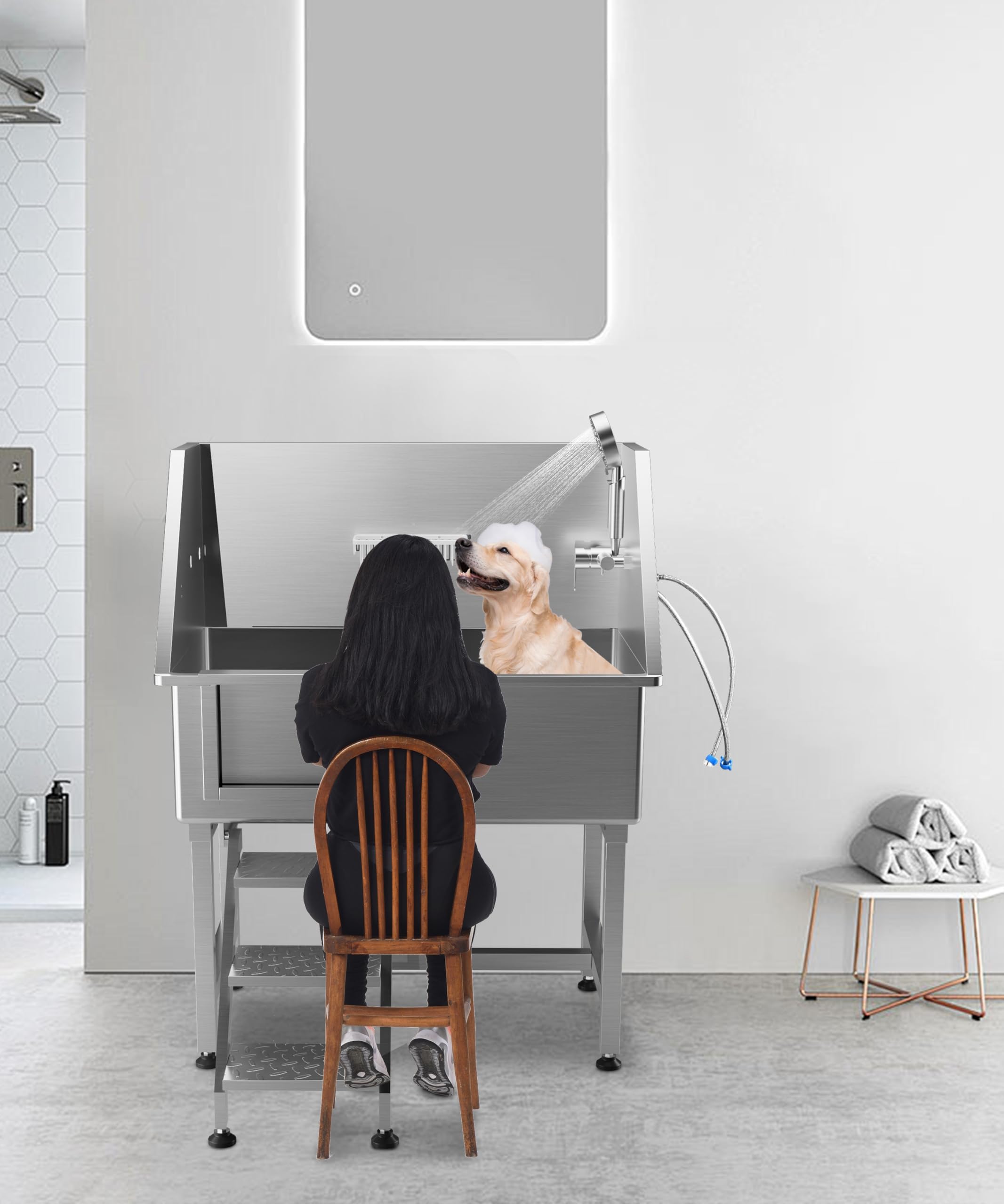 Garvee 34" Dog Grooming Bathtub, Professional Stainless Steel Pet Dog Bathing Station for Small Pets, Left Door & Stairs with Faucet, Sprayer, Drain