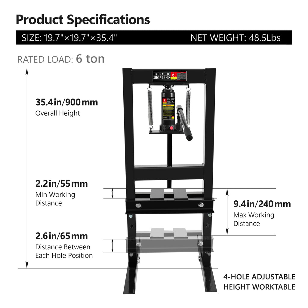 Garvee 6 Ton Hydraulic Press H-Frame Adjustable Shop Press with Stamping Plates for Garage Floor Use