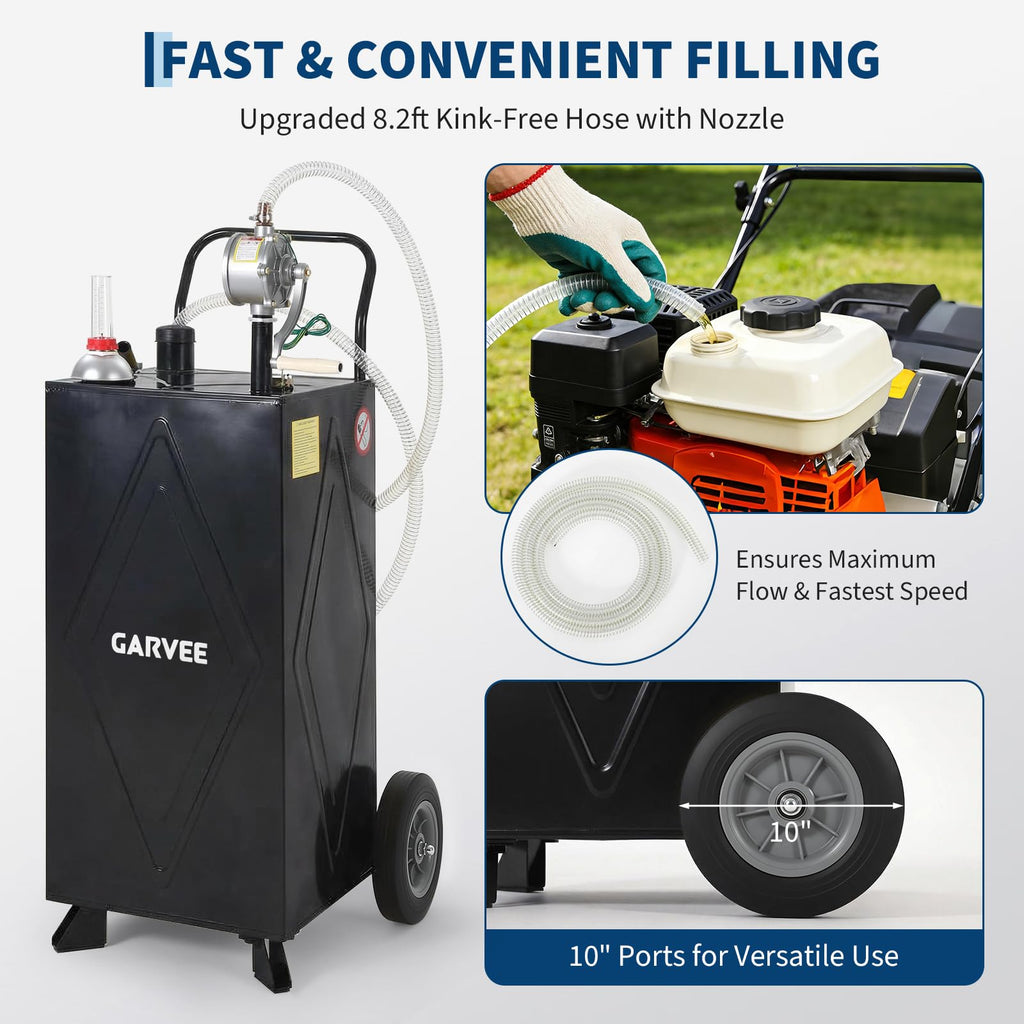 Garvee 30 Gallon Fuel Gas Caddy, Portable Storage Tank with Wheels and Manual Hand Pump for Gasoline and Diesel Transfer, Suitable for ATV, Car, Mower, Tractor, and Boat, Black