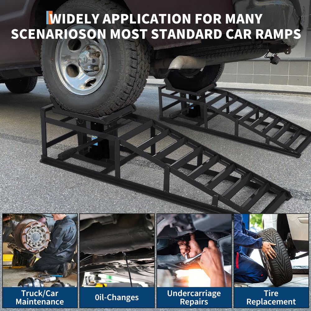 Garvee 2pcs 5 Ton Hydraulic Car and Truck Service Ramps - 11023lbs Capacity, Portable Lifts for Oil Changes with Adjustable Height from 9.8" to 15", Ideal for Home Garage and Vehicle Repairs, Black