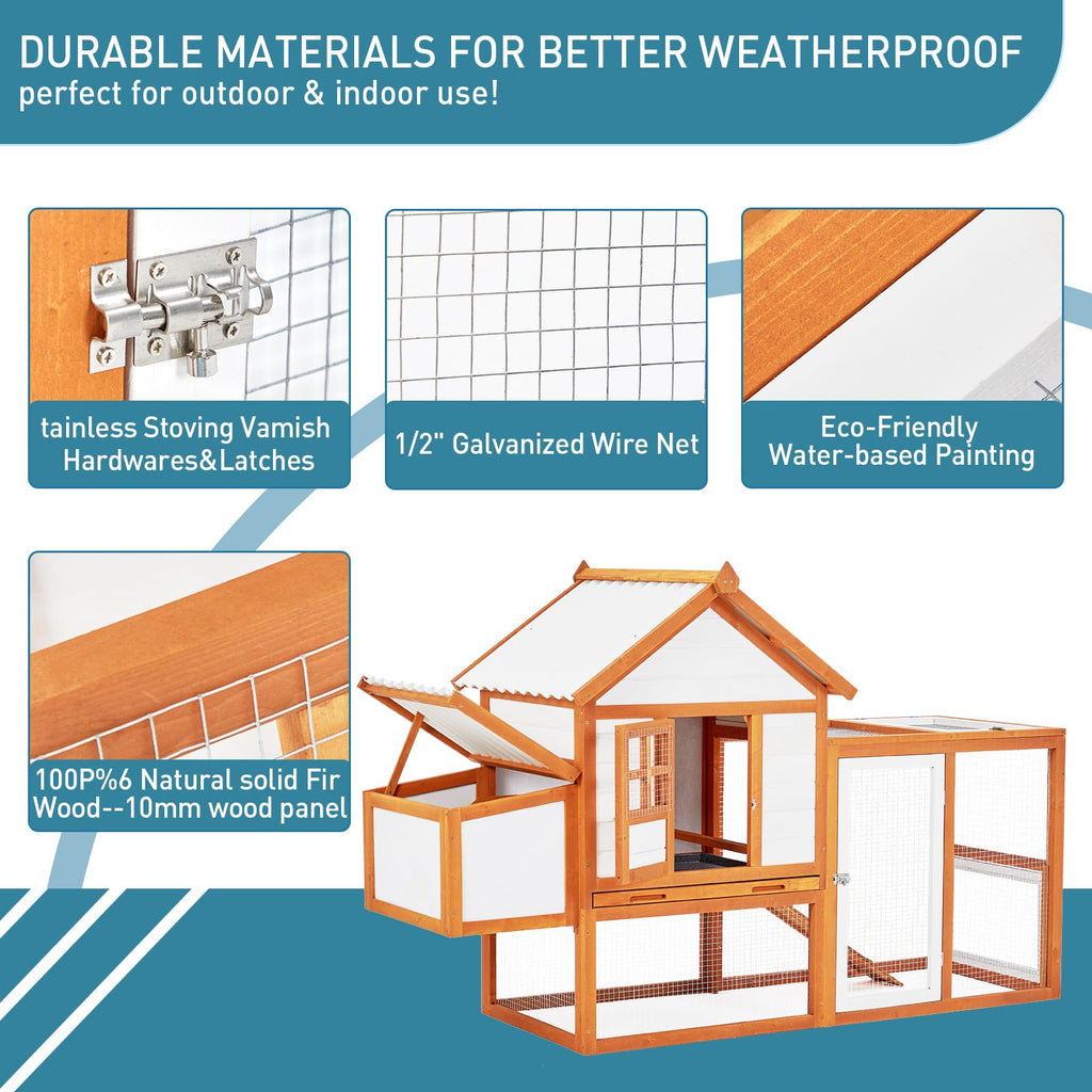 Garvee Outdoor Chicken Coop Wooden Hen House with Run, Poultry Cage w/Ramps, Nesting Box, 4 Access Areas, Wire Fence, Removable Bottom for Easy Cleaning