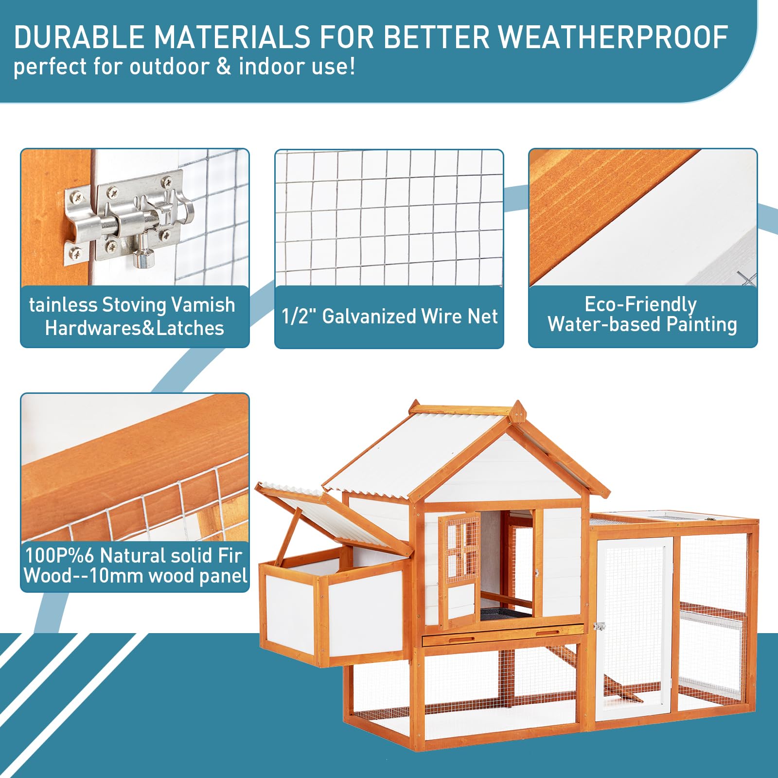 Garvee Outdoor Chicken Coop Wooden Hen House with Run, Poultry Cage w/Ramps, Nesting Box, 4 Access Areas, Wire Fence, Removable Bottom for Easy Cleaning