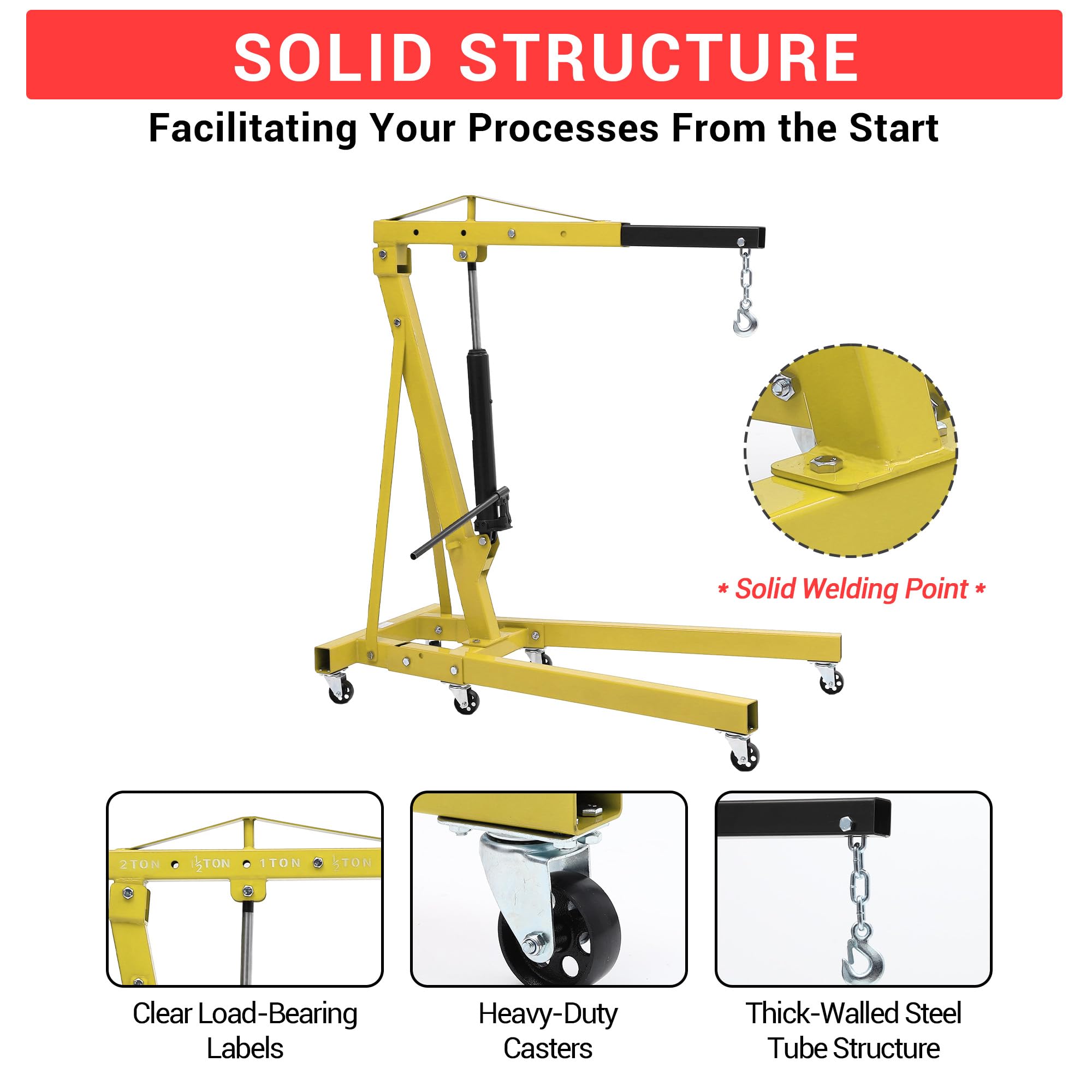 Garvee 2-Ton Folding Hydraulic Engine Hoist with 6 Casters and Telescopic Boom, Shop Crane, Engine Lift, Cherry Picker, Yellow