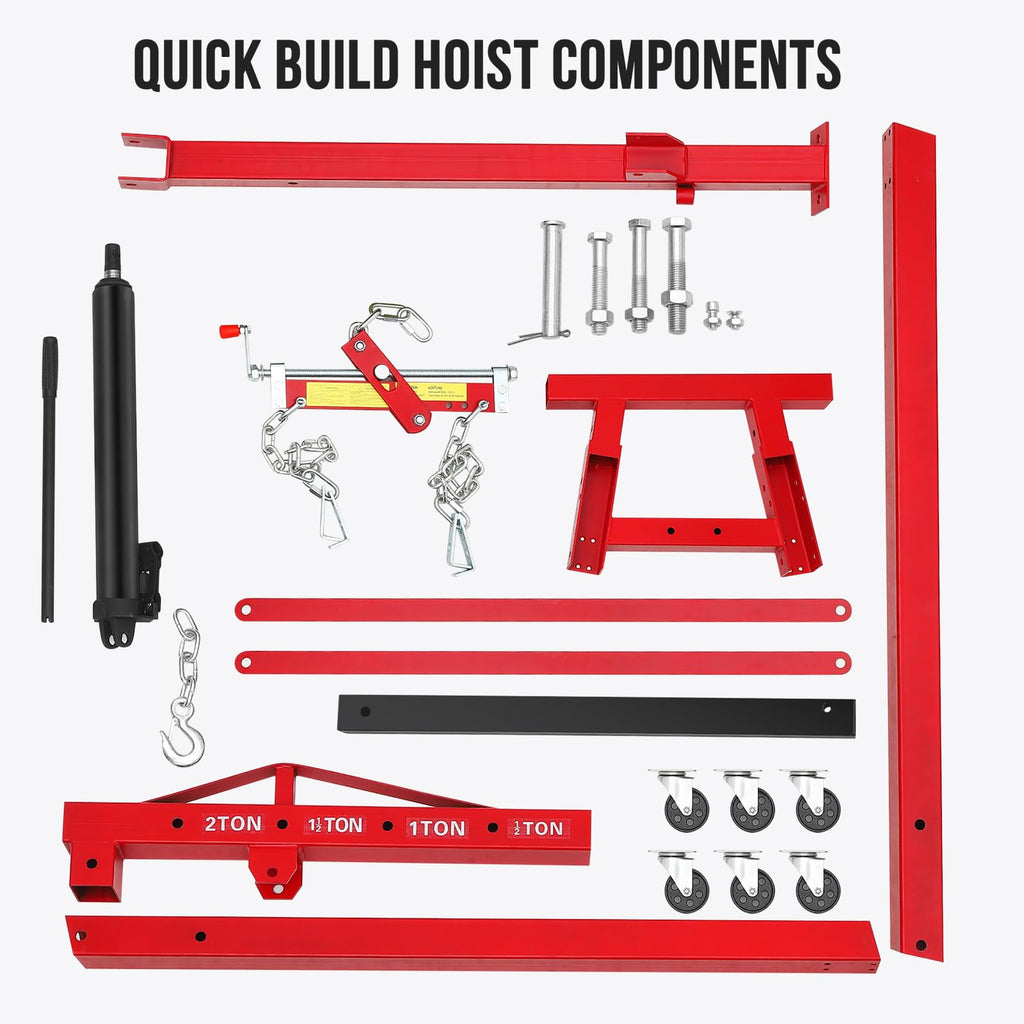 Garvee 2 Ton Folding Hydraulic Engine Hoist with Leveler, 4400 LBS Cherry Picker Shop Crane for Garage Workshop Warehouse, Heavy Duty, Red