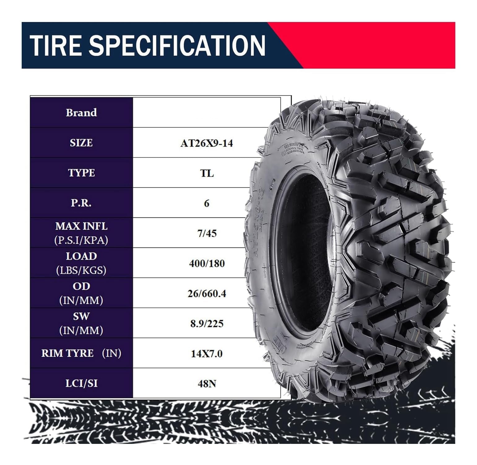Garvee Set Of 4 ATV Tires 26x9-14 Front & 26x11-14 Rear All-Terrain Off-Road Mud Trail Tires 6 PR Tubeless