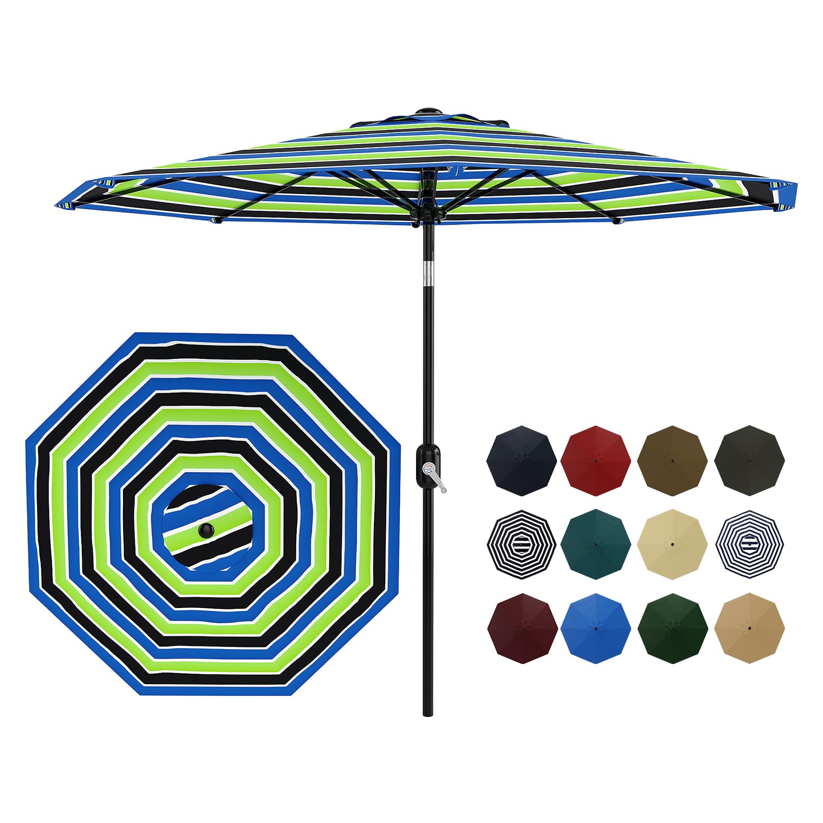 Garvee 9' Patio Umbrella with Crank Lift & Push Button Tilt - 8 Sturdy Ribs Outdoor Table Umbrella for Yard, Deck & Pool, Tricolor Stripe