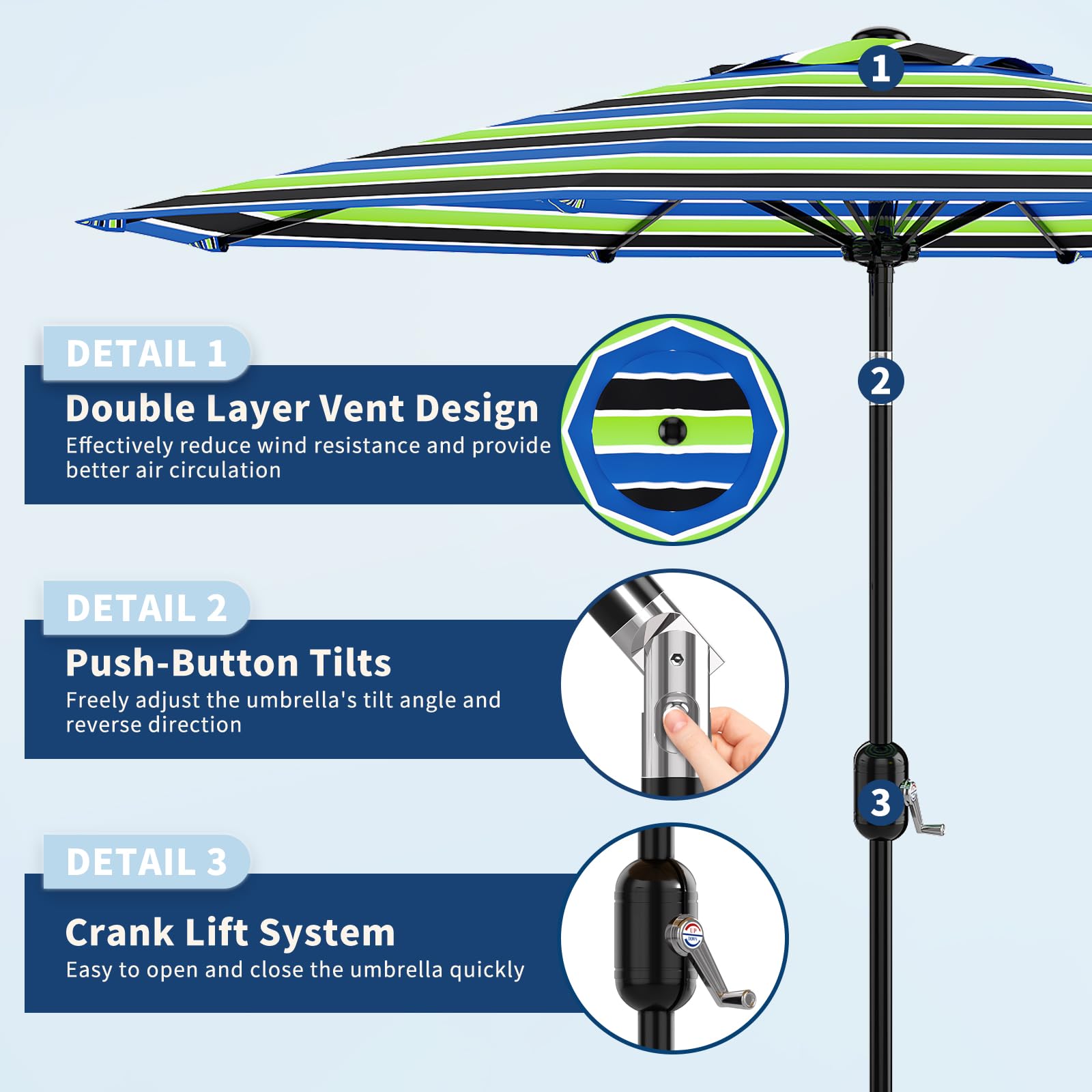 Garvee 9' Patio Umbrella with Crank Lift & Push Button Tilt - 8 Sturdy Ribs Outdoor Table Umbrella for Yard, Deck & Pool, Tricolor Stripe