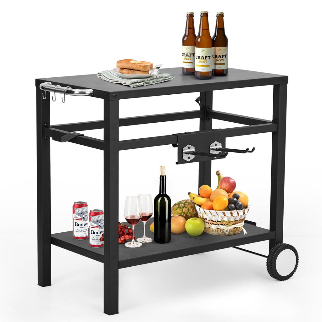 Garvee Outdoor Grill Cart with Wheels & Hooks – Portable Utility Table for Pizza Oven, BBQ, and Outdoor Cooking