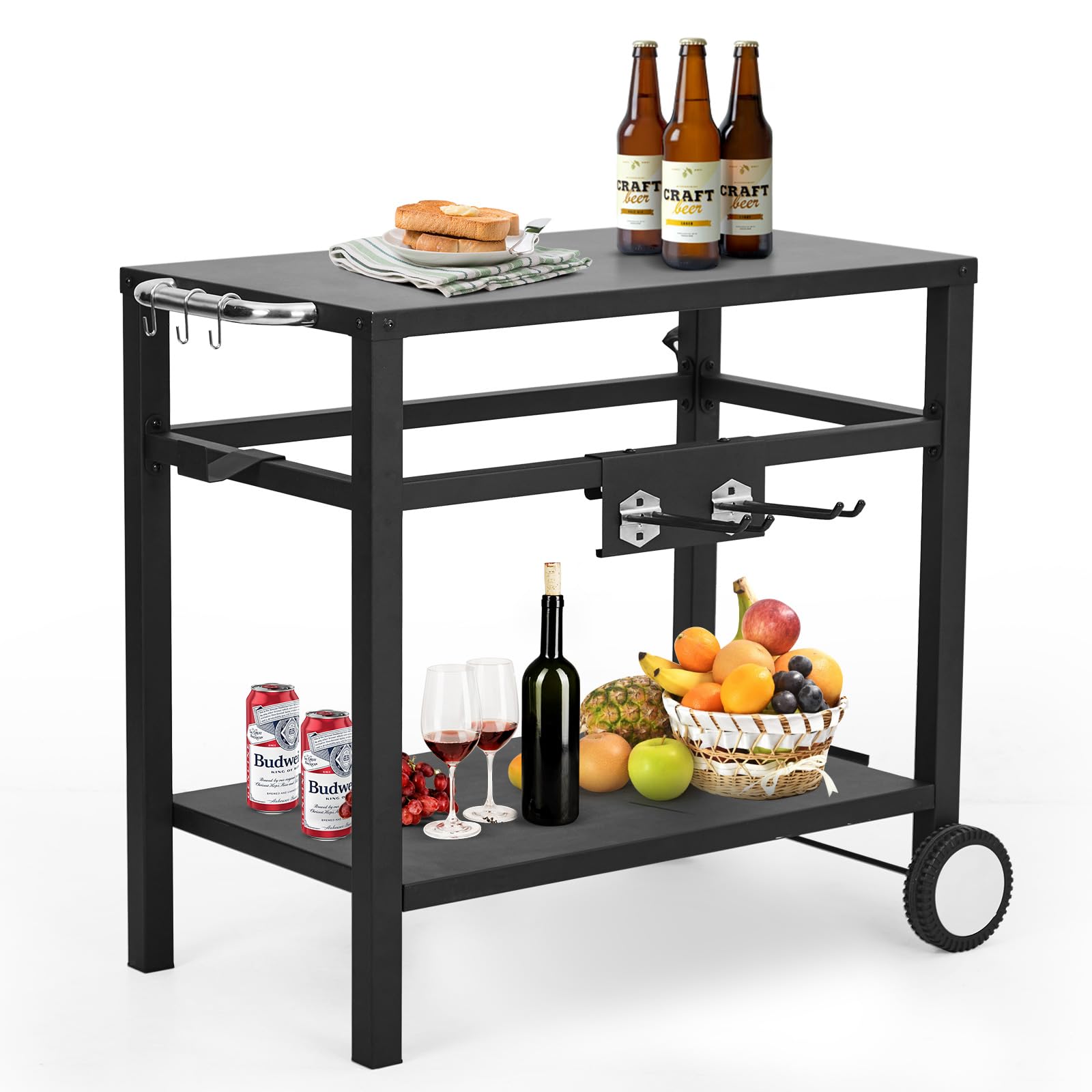 Garvee Outdoor Grill Cart with Wheels & Hooks – Portable Utility Table for Pizza Oven, BBQ, and Outdoor Cooking