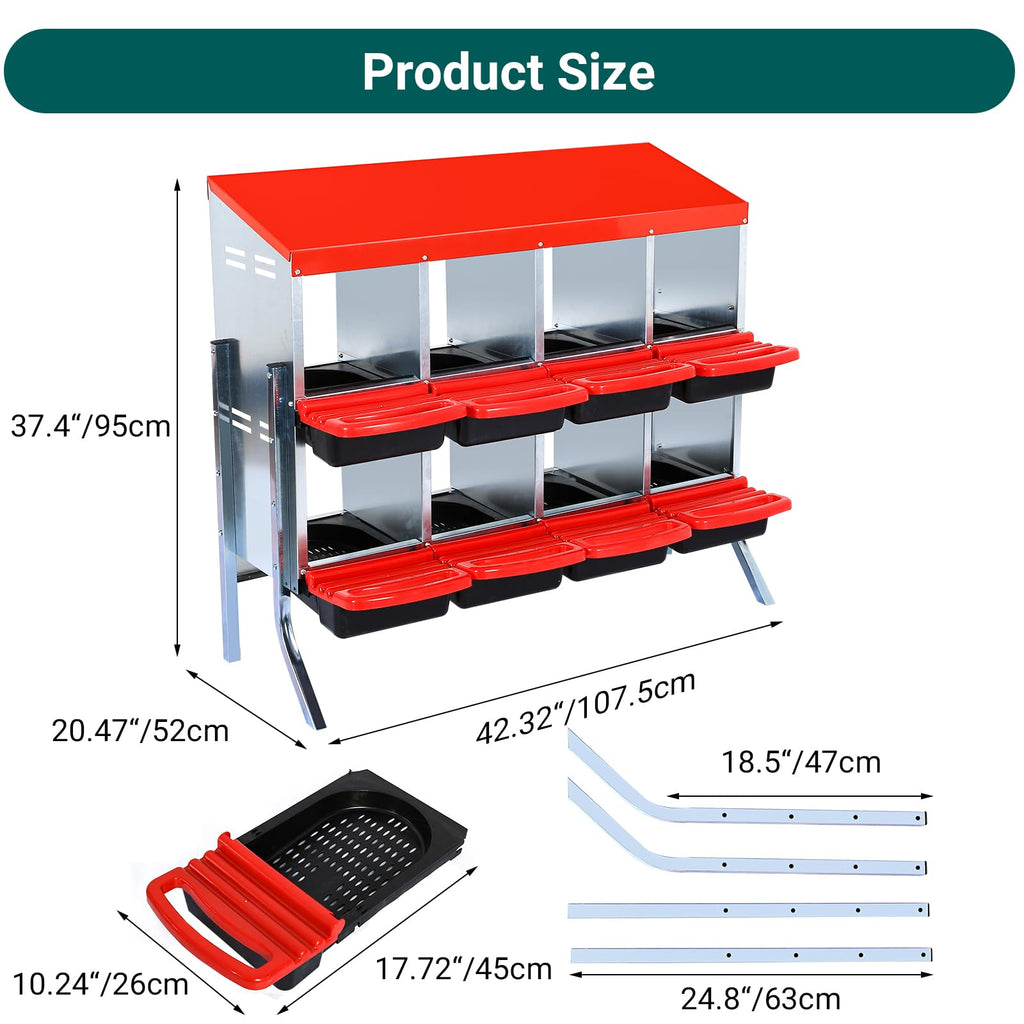Garvee Nesting Boxes for Chickens, 8 Compartment Roll Away Nesting Box with Egg Collection, Perch, Lid Cover for Egg Protection, Wall Mount/Free Standing Nest Box for Chickens