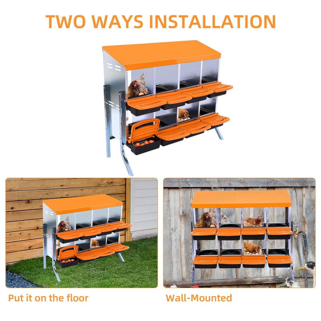 Garvee Chicken Nesting Box 8-Hole Roll Away Egg Laying Box with Lid, Heavy-Duty Galvanized Steel, Orange, Easy Egg Collection & Cleaning