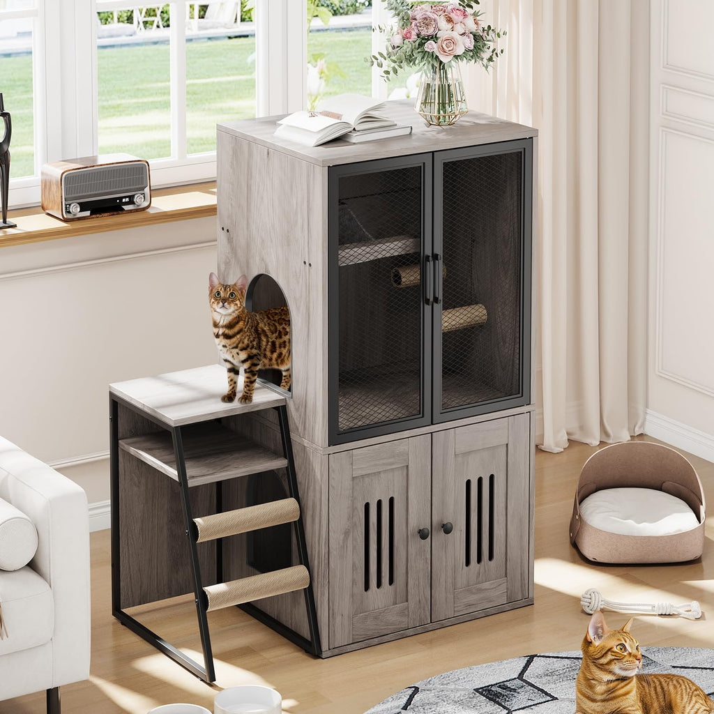Garvee Cat Litter Box Enclosure with Doors, Double Cat House with Storage, Ladder, Grey, 22.6"L x 17.7"W x 10.9"H