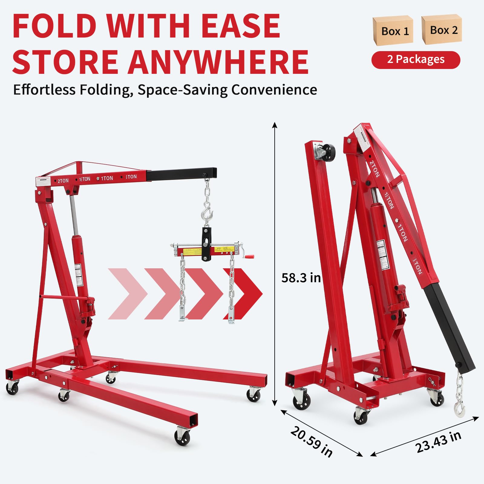 Garvee 2 Ton Folding Hydraulic Engine Hoist with Load Leveler for Garage Workshop Warehouse, 4400 LBS Capacity, Red