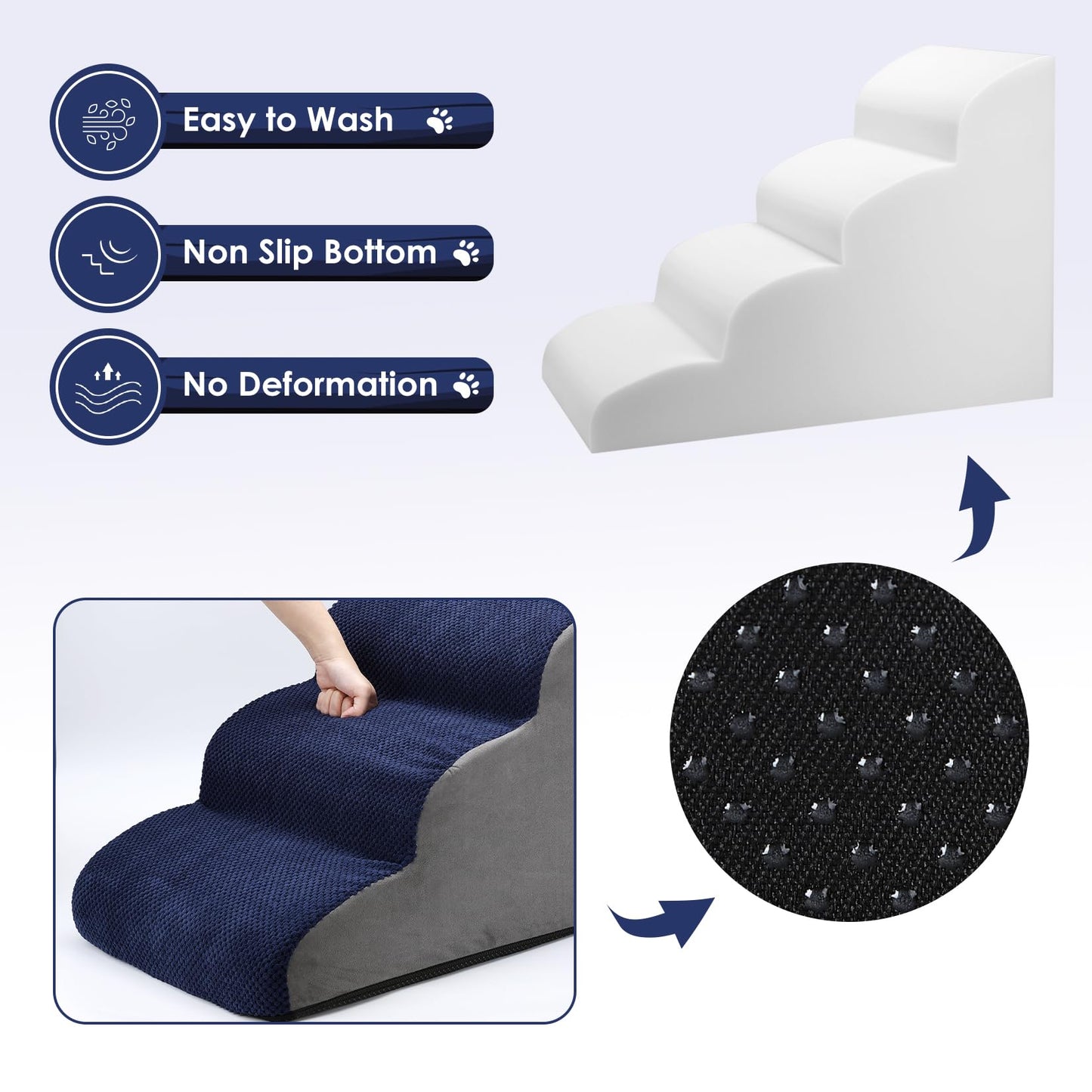 Garvee Dog Stairs for Small Dogs, High Density Foam Dog Stairs 4 Tiers with Non-Slip Bottom for for High Beds Or Couch, with Removable Cover, Best for Dogs Injured,Older Cats,Pets