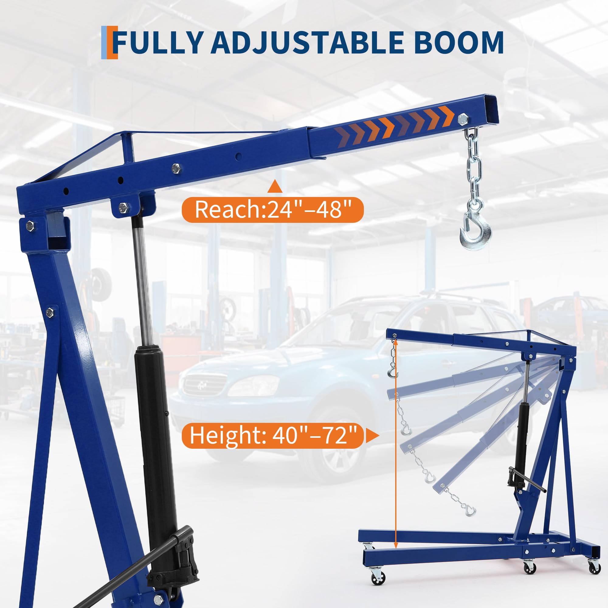 Garvee Engine Hoist Cherry Picker 2 Ton Folding Hydraulic Shop Crane with Telescopic Boom for Workshops Garage Blue