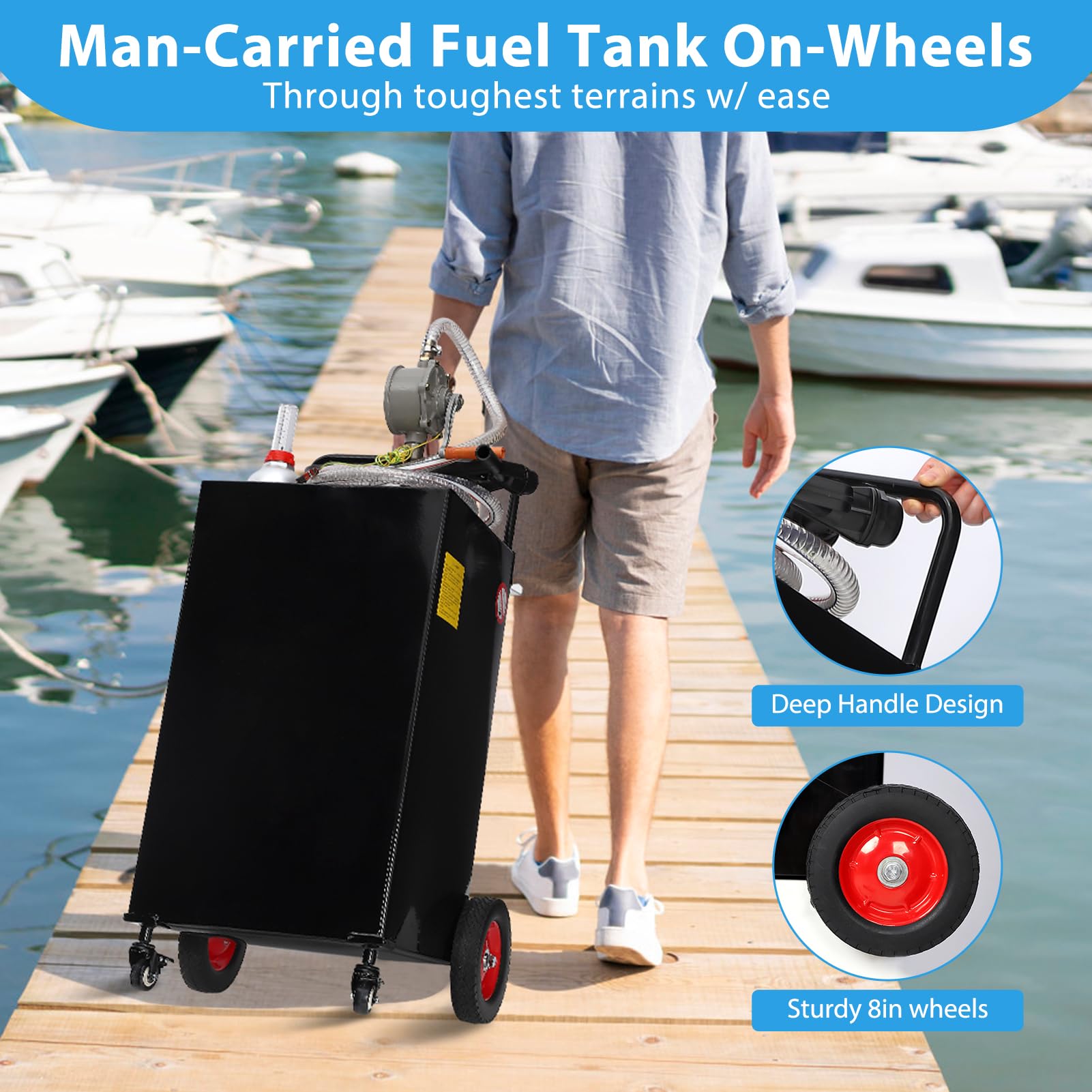 Garvee Fuel Caddy, 35 Gallon Portable Gas Storage Tank On 4 Wheels with Manual Transfer Pump, Gasoline Diesel Fuel Container with Manual Transfer Siphon Pump, for Cars, Lawn Mowers, ATVs, Boats, Black