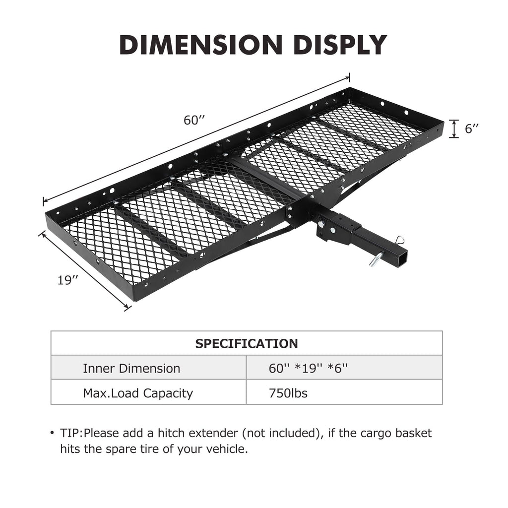 GARVEE 750 Lbs Hitch Mount Cargo Carrier Basket, 60" x 19" x 6" Rear Luggage Rack for 2" Receiver, Black Cargo Basket for Car Camping and Traveling