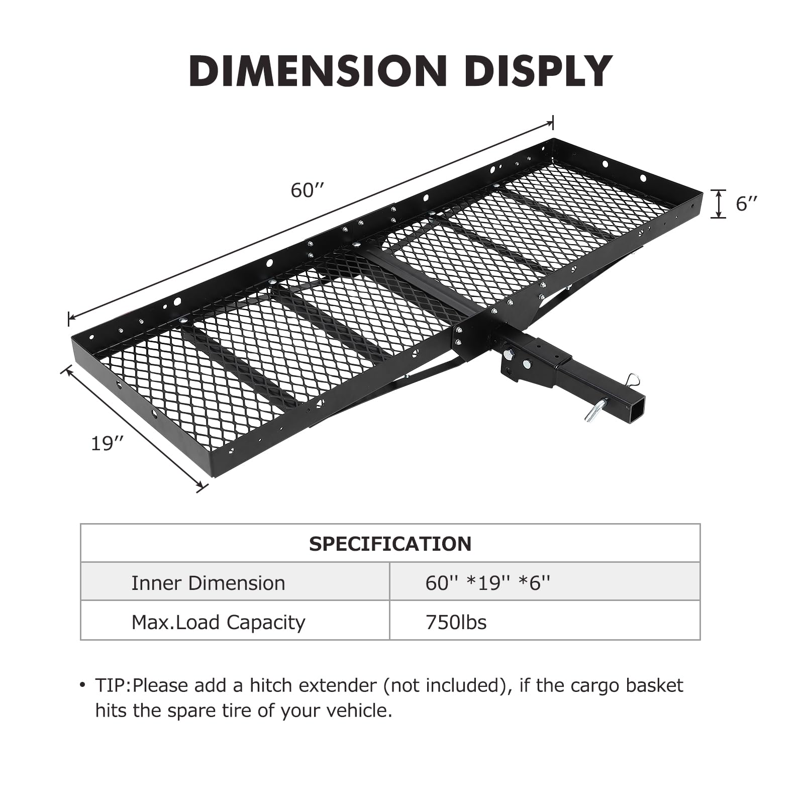 GARVEE 750 Lbs Hitch Mount Cargo Carrier Basket, 60" x 19" x 6" Rear Luggage Rack for 2" Receiver, Black Cargo Basket for Car Camping and Traveling