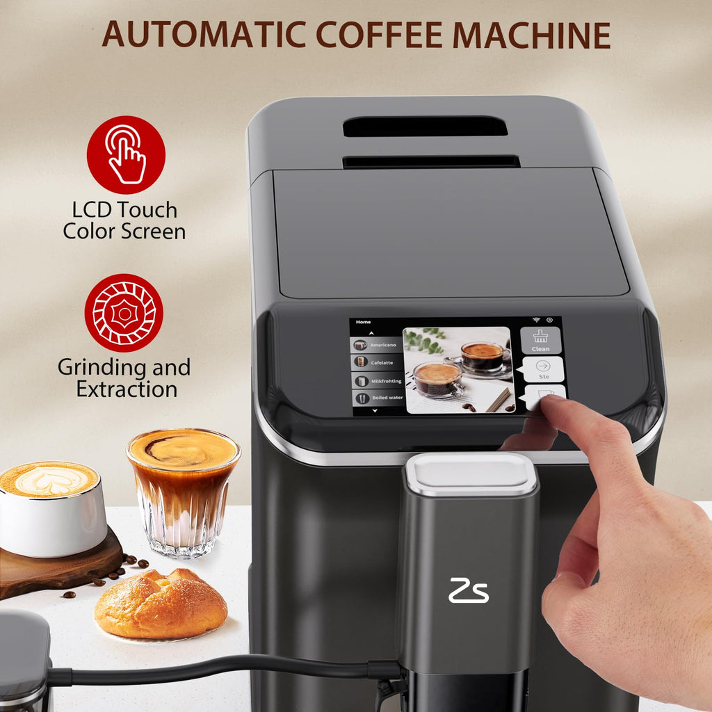 Garvee Fully Automatic Espresso Machine with Automatic Milk Frother, Built-In & Adjustable Espresso Bean Grinder, One-Touch Single/Double Shot for Espresso, 7 Coffee Varieties, 1.5 Liter, Black