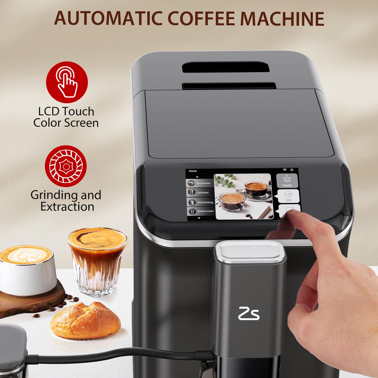 Garvee Fully Automatic Espresso Machine with Automatic Milk Frother, Built-In & Adjustable Espresso Bean Grinder, One-Touch Single/Double Shot for Espresso, 7 Coffee Varieties, 1.5 Liter, Black