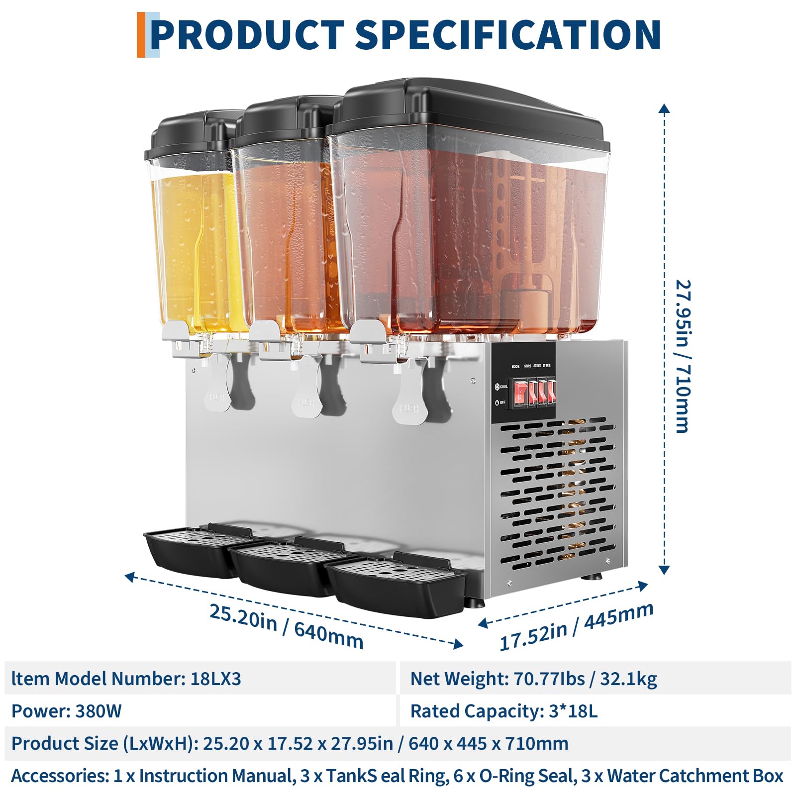 Garvee Commercial Beverage Dispenser 3 Tanks 18L Each Stainless Steel Juice Dispenser for Restaurant Bar Party Cold Drinks