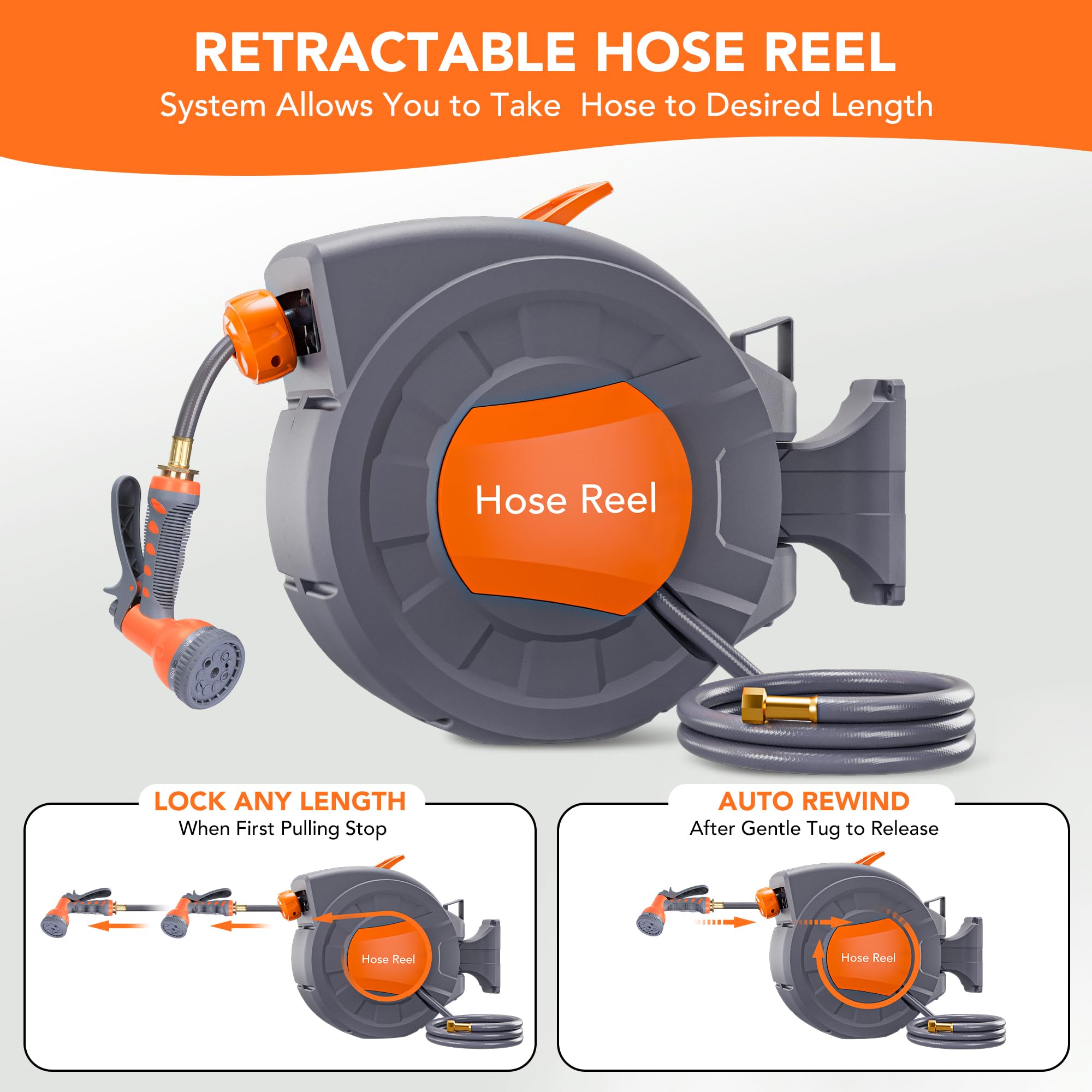 Garvee 1/2 in × 72 ft Retractable Garden Hose Reel, Wall Mount Auto Rewind with 9-Pattern Nozzle