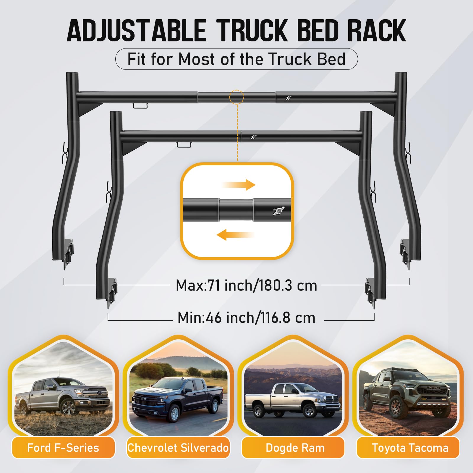 Garvee Truck Ladder Rack, Adjustable Steel Truck Bed Rack, Extendable 46"-71", 800 lbs Capacity, Universal Fit for Pickup Trucks, Ideal for Canoes, Surfboards, Ladders, Lumber, and Tents