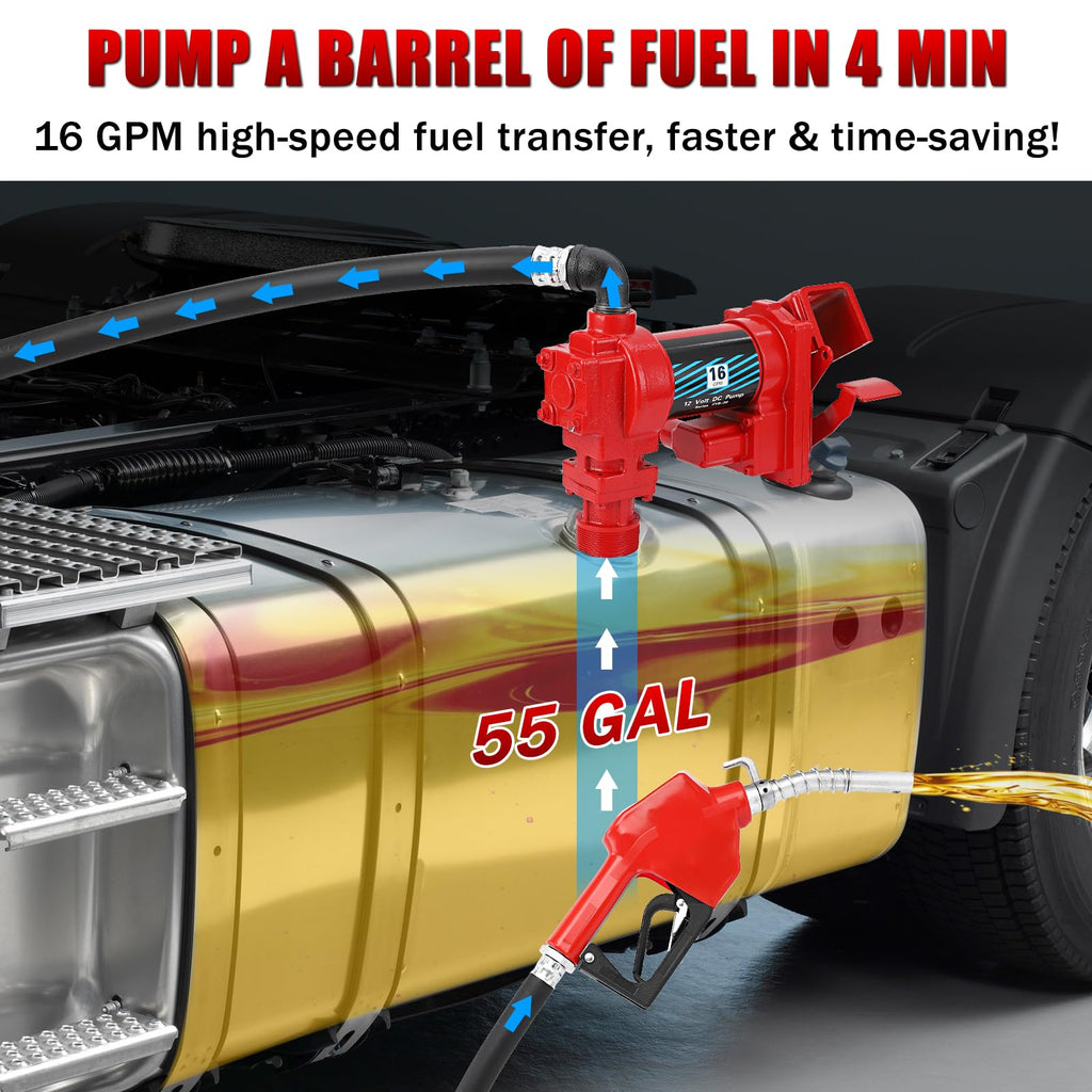 Garvee Fuel Transfer Pump 16 GPM 1/4 HP, 12 Volt DC Fuel Pump, Diesel Transfer Pump with Automatic Nozzles, Gasoline Transfer Pump with Emission & Suction Hoses for Gasoline, Diesel, Kerosene
