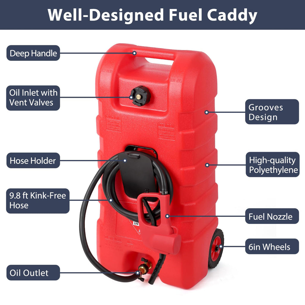 Garvee Fuel Caddy, 15 Gallon Portable Gas Fuel Tank Container with LE Fluid Transfer Siphon Pump and 10ft. Delivery Hose, Diesel Storage Can On-Wheels for Cars, Lawn Mowers, ATVs, Boats, Red