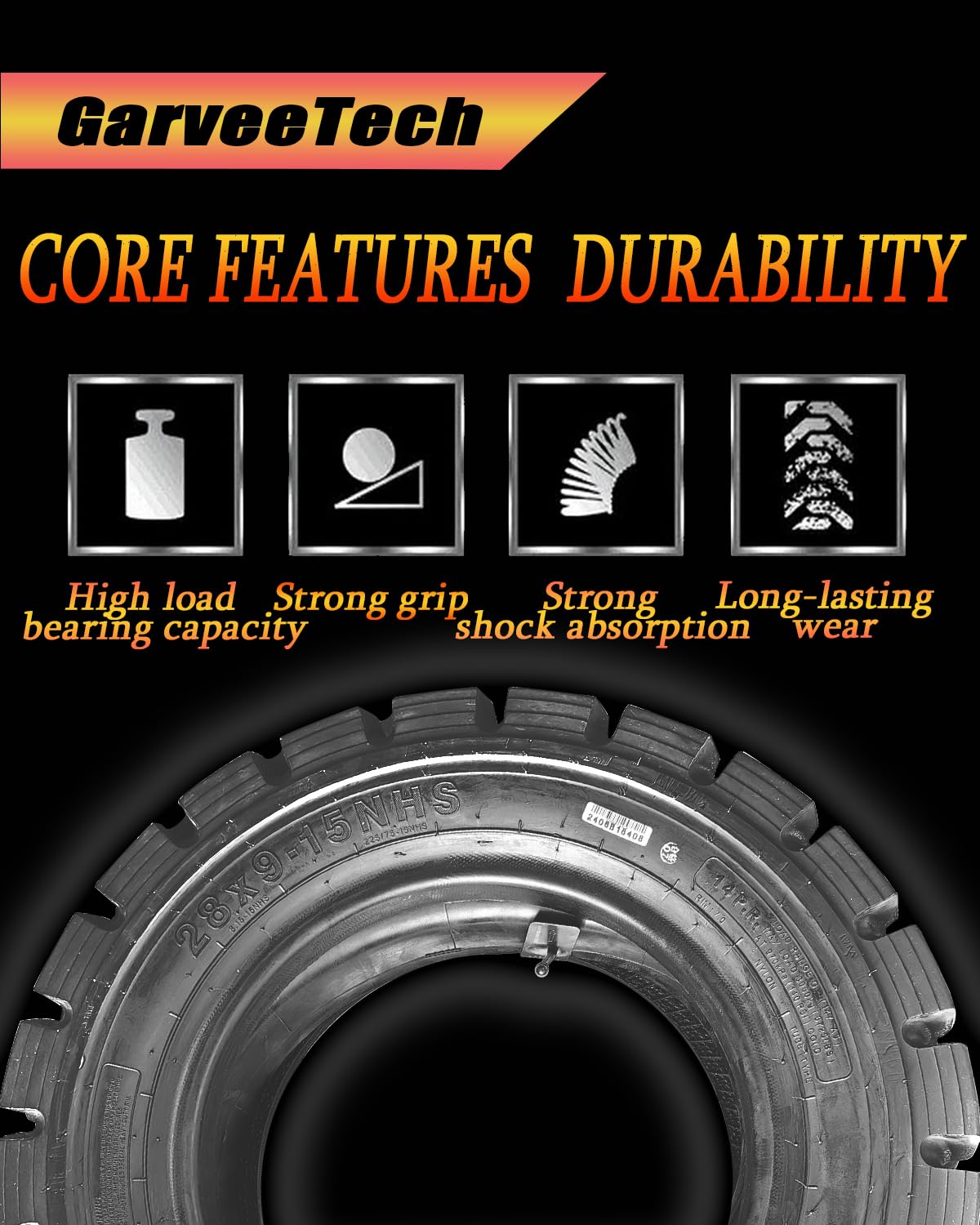 Garvee 28x9-15 Heavy Duty Forklift Tire 14 PLY Tube Type Industrial Durable Black