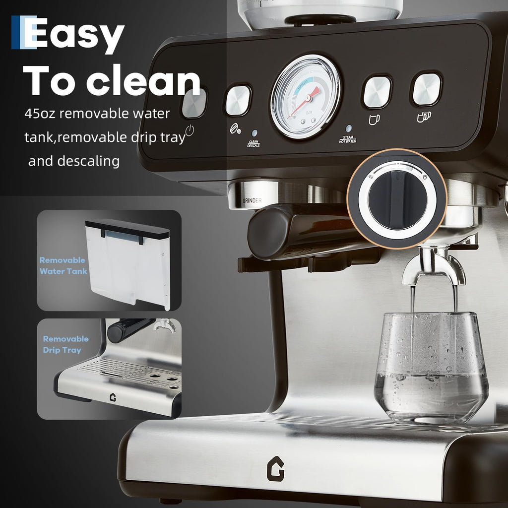 Garvee 20-Bar Stainless Steel All-in-One Espresso Machine with Grinder - 2.8L Removable Water Tank, Milk Frother Steam Wand, Adjustable Shot Volume for Latte and Cappuccino, Professional for Home and Office Use