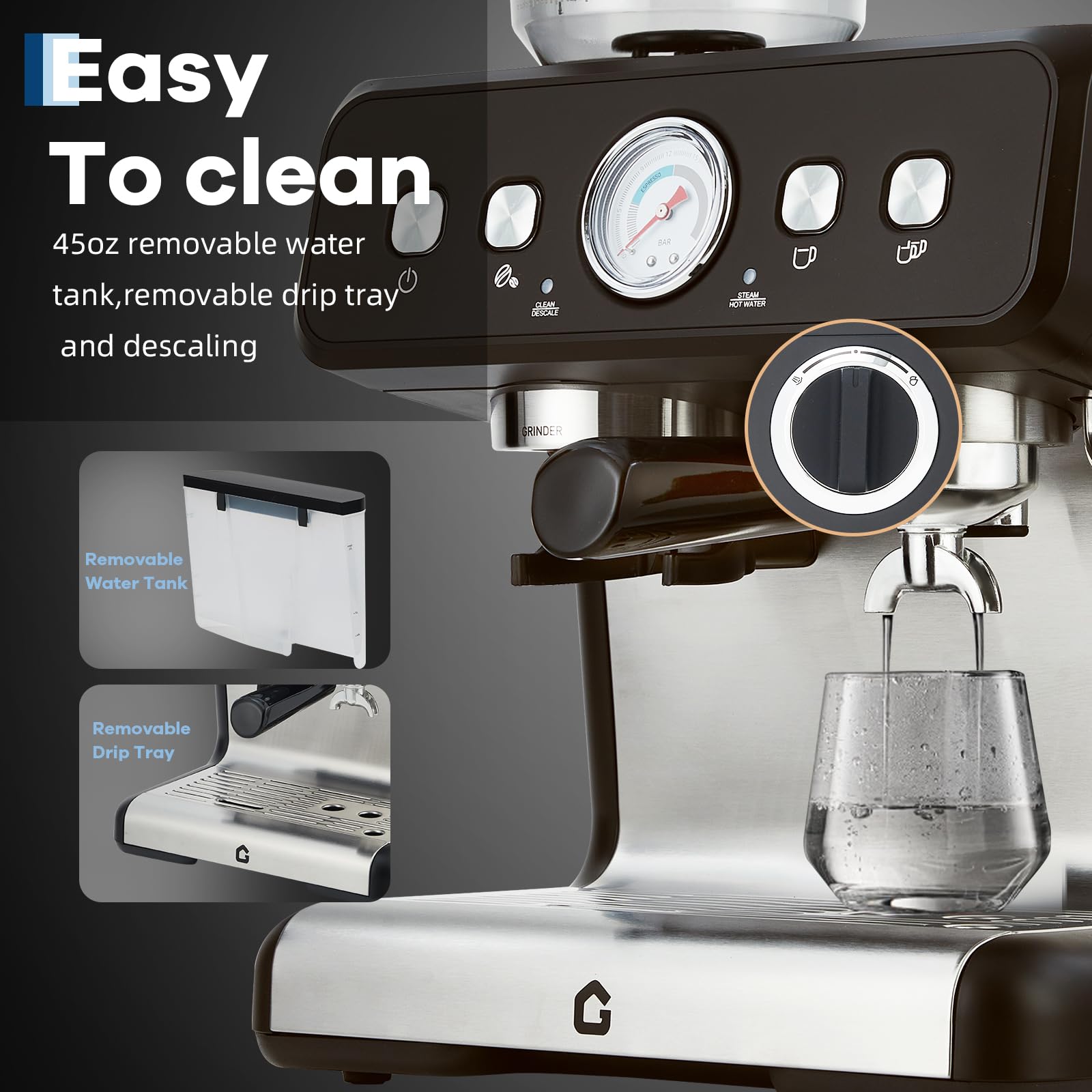 Garvee 20-Bar Stainless Steel All-in-One Espresso Machine with Grinder - 2.8L Removable Water Tank, Milk Frother Steam Wand, Adjustable Shot Volume for Latte and Cappuccino, Professional for Home and Office Use