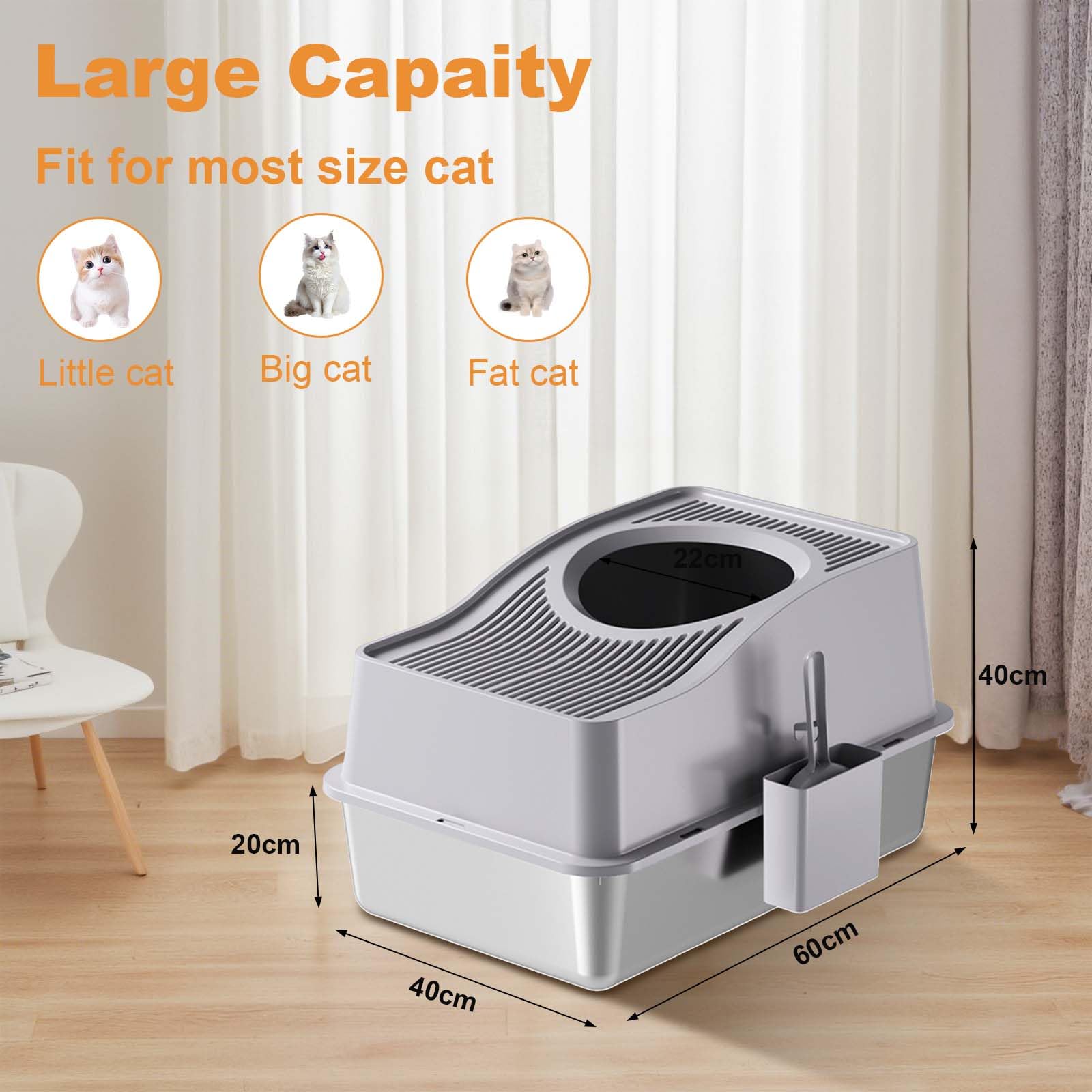 Garvee Stainless Steel Cat Litter Box with Hollow Lid and Heightened Lid Anti-Splashing, Top-Entry Deodorizing Large Cat Toilet, Grey, 60x40x39.5cm, Basin 20cm High