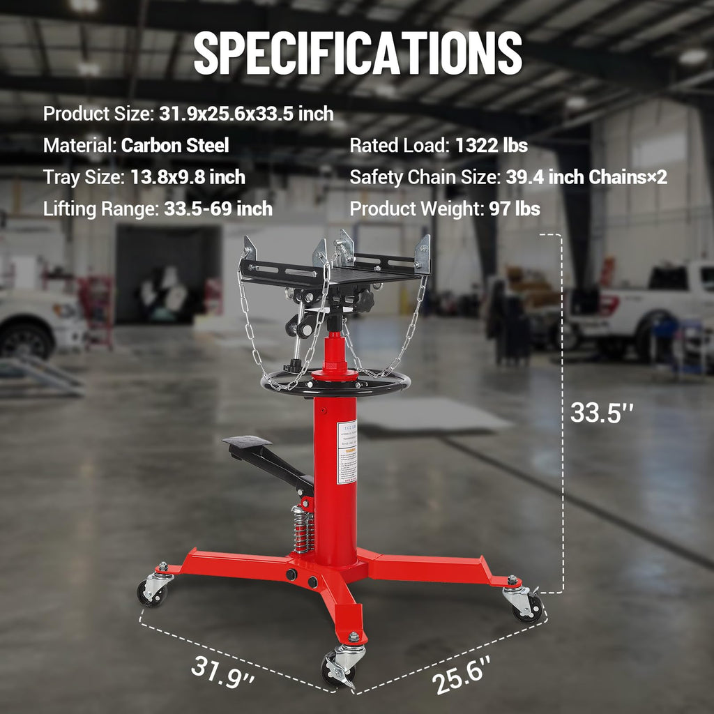 Garvee Dual Plunger Hydraulic Transmission Jack 1322lbs Capacity Red, 33.5"-69" Adjustable Lift, 2-Stage Telescoping, Non-Slip Pad, Foot Pedal & Swivel Wheel