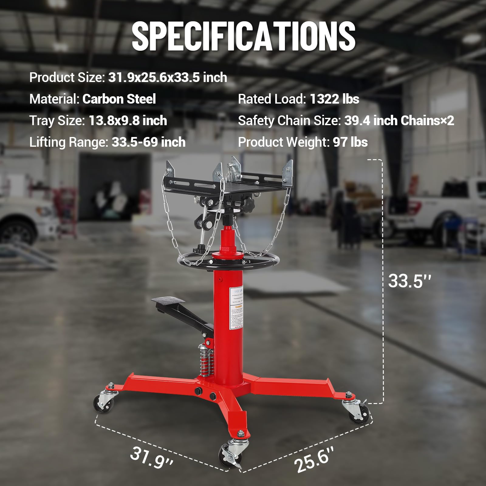 Garvee Dual Plunger Hydraulic Transmission Jack 1322lbs Capacity Red, 33.5"-69" Adjustable Lift, 2-Stage Telescoping, Non-Slip Pad, Foot Pedal & Swivel Wheel