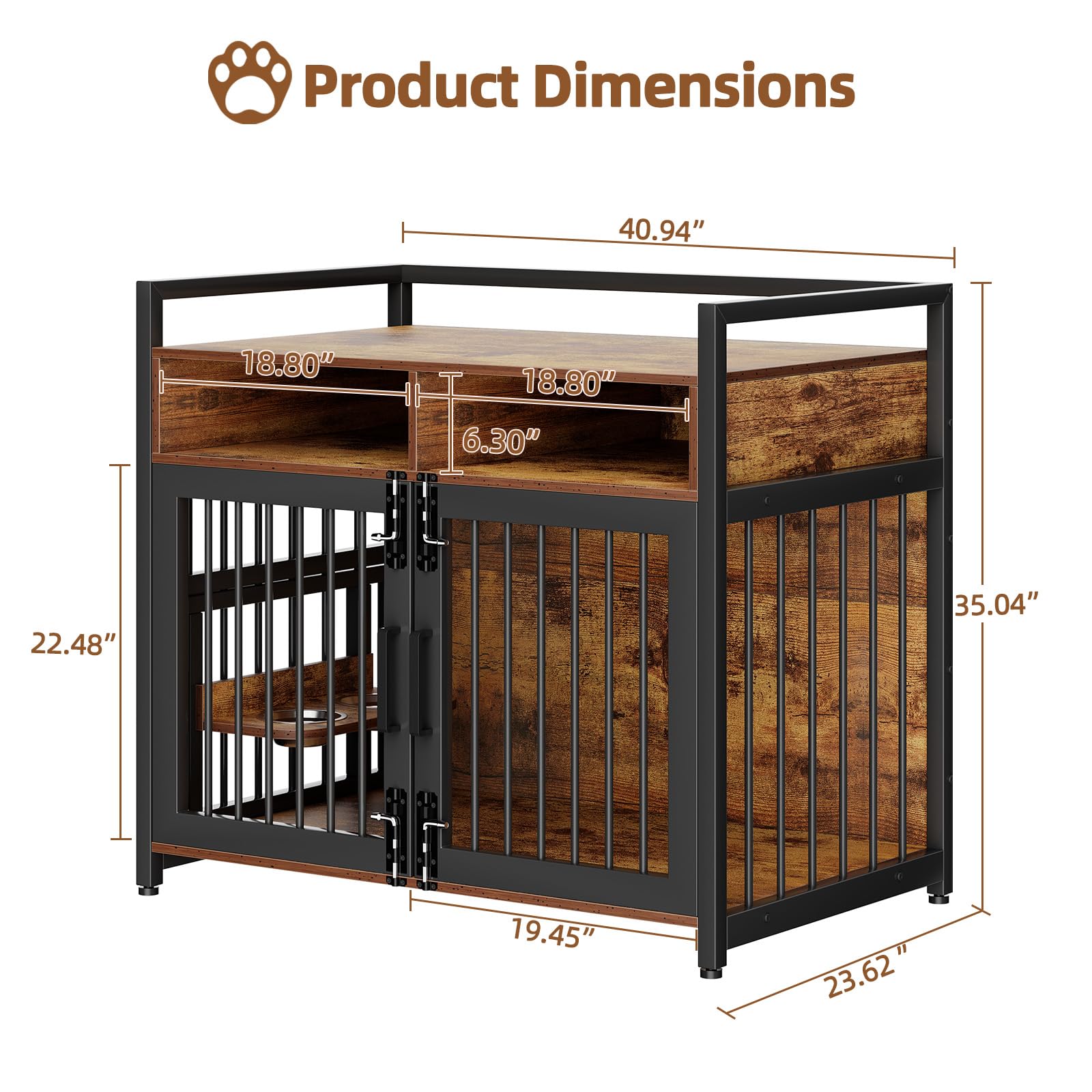 Garvee Dog Crate Furniture With 2 Drawers, Wooden Dog Kennel Indoor, Adjustable 360° Stainless Steel Feeder, Rustic Brown, Small Medium Dogs