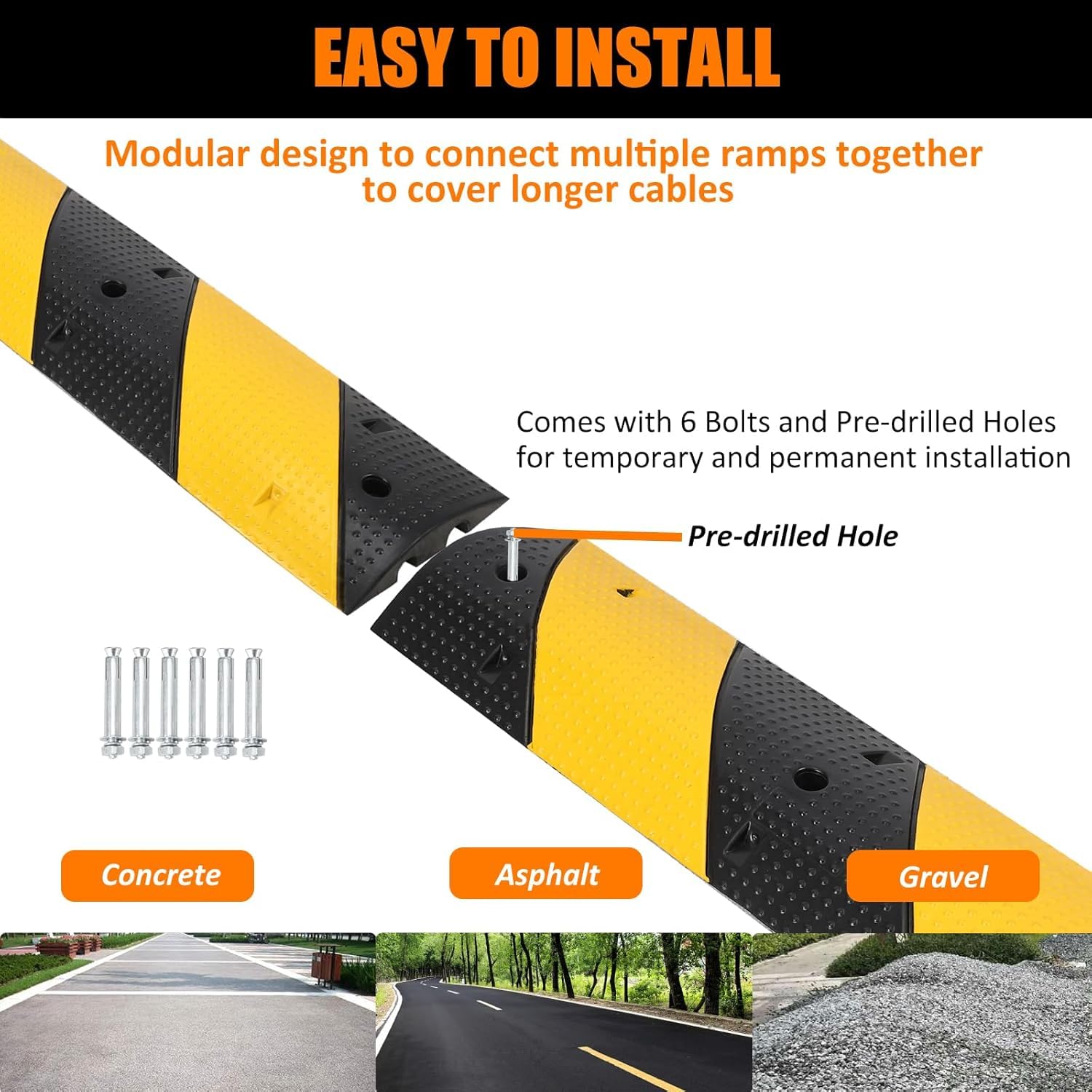 Garvee 2 Packs 3.3Ft Recycled Rubber Speed Bumps, Heavy-Duty Traffic Calming Hump with 25000 lbs Capacity, 2-Channel Modular Cable Protector Ramps for Asphalt, Concrete, Gravel Driveways, and Roads