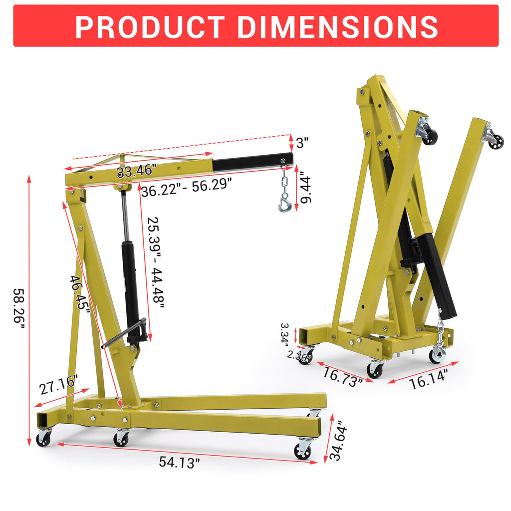 Garvee 2-Ton Folding Hydraulic Engine Hoist with 6 Casters and Telescopic Boom, Shop Crane, Engine Lift, Cherry Picker, Yellow